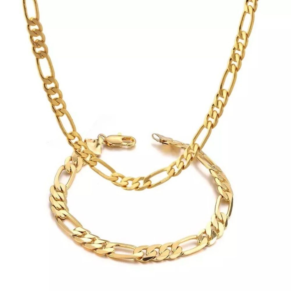 14K Gold Stamped Figaro Bracelet Plated Chain Set